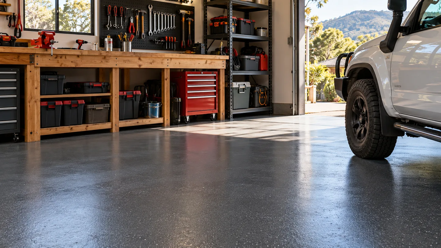 Charcoal epoxy floor in an organised Illawarra home workshop
