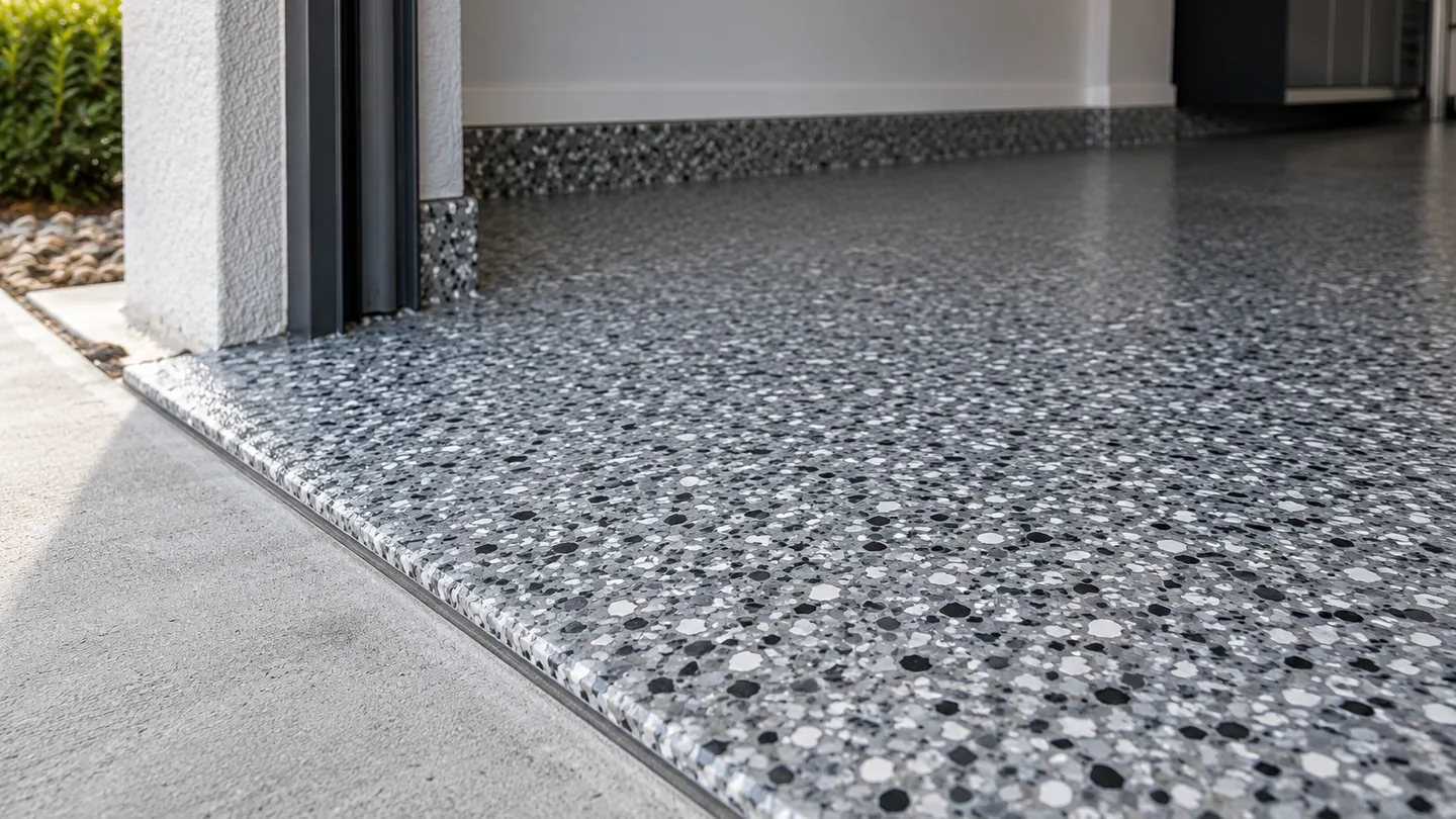 Grey decorative flake epoxy floor finish at a garage entrance