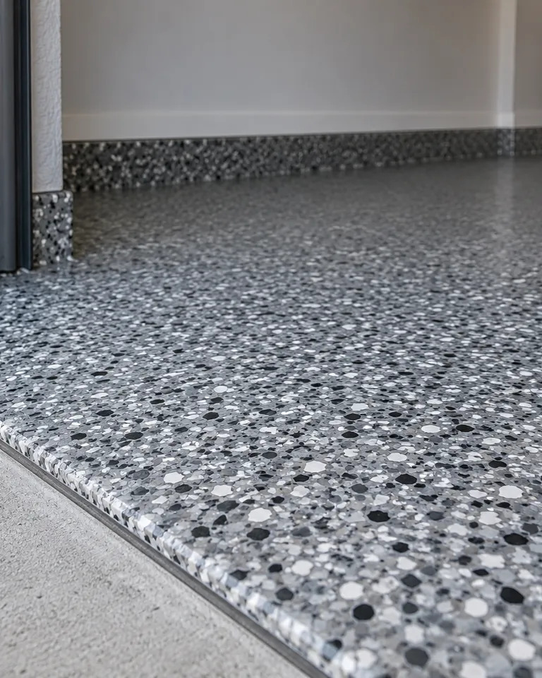 Grey decorative flake epoxy floor finish at a garage entrance