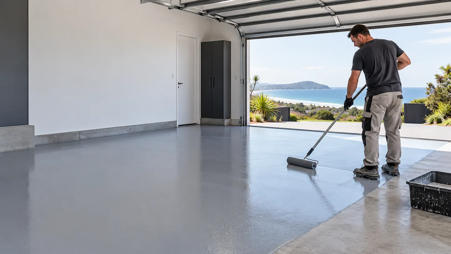 Epoxy flooring installer applying a grey coating in an Illawarra garage