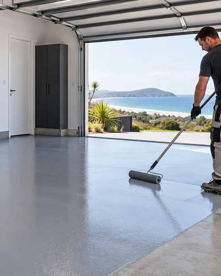 Epoxy flooring installer applying a grey coating in an Illawarra garage