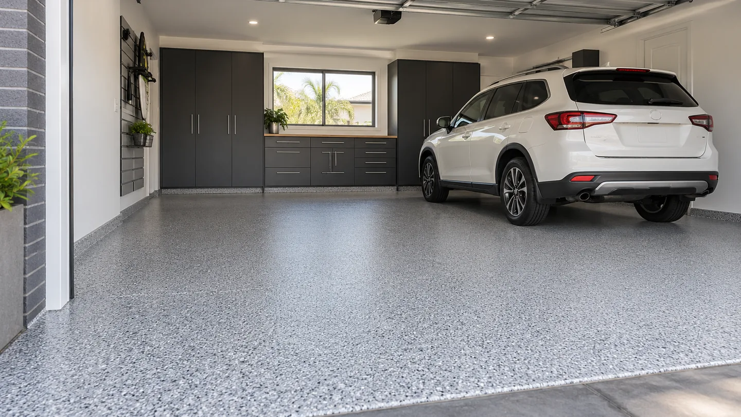 Light grey flake epoxy floor in a residential Illawarra garage