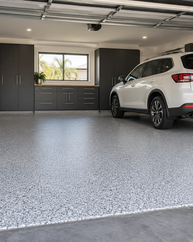 Light grey flake epoxy floor in a residential Illawarra garage